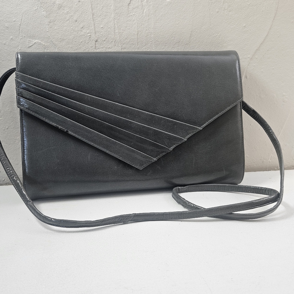 Vintage Elegant Gray Leather Clutch Shoulder Bag W Removable Straps